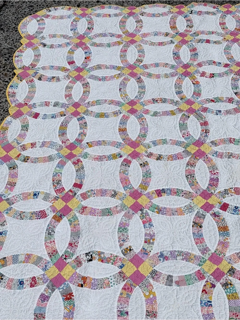 Vintage Company Store Dbl Wedding Ring Quilt with Pastel Patchwork 73x82 Queen